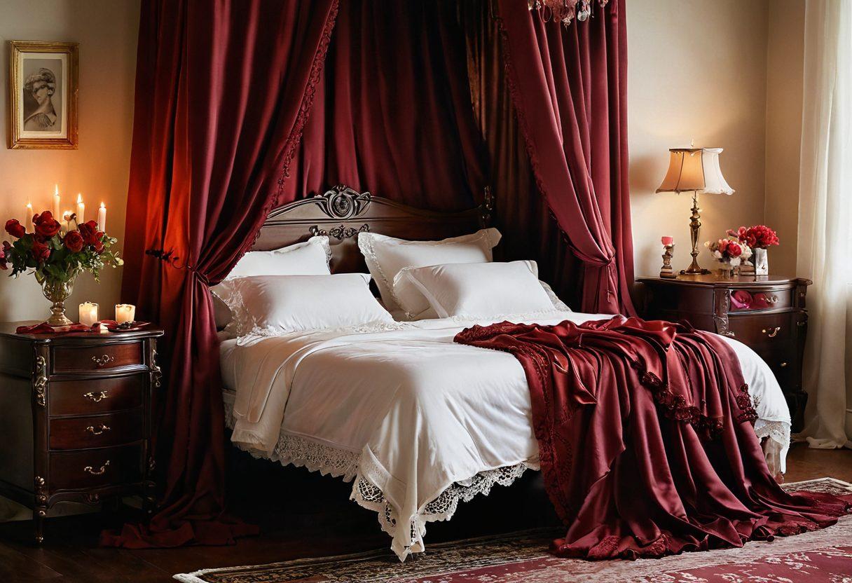 A romantic bedroom scene featuring an elegantly draped bed adorned with rich, luxurious fabrics in deep reds and soft pinks. Display a variety of intricate, lace-trimmed lingerie pieces artfully arranged on a vintage dressing table, accompanied by candles casting a warm glow. Include subtle hints of rose petals scattered around to enhance the ambiance of intimacy and allure. soft focus photography. warm, inviting colors. cozy atmosphere.