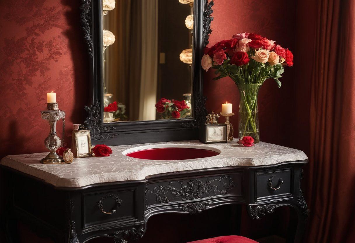 A luxurious bedroom scene featuring an elegant display of stylish and seductive undergarments on a silk-lined vanity, with soft ambient lighting casting warm shadows. Include intricate lace designs, rich textures, and pops of vibrant colors like deep reds and blacks to evoke passion. Capture a sense of intimacy with delicate flowers and plush fabrics surrounding the lingerie, enhancing the allure. super-realistic. vibrant colors. soft lighting.